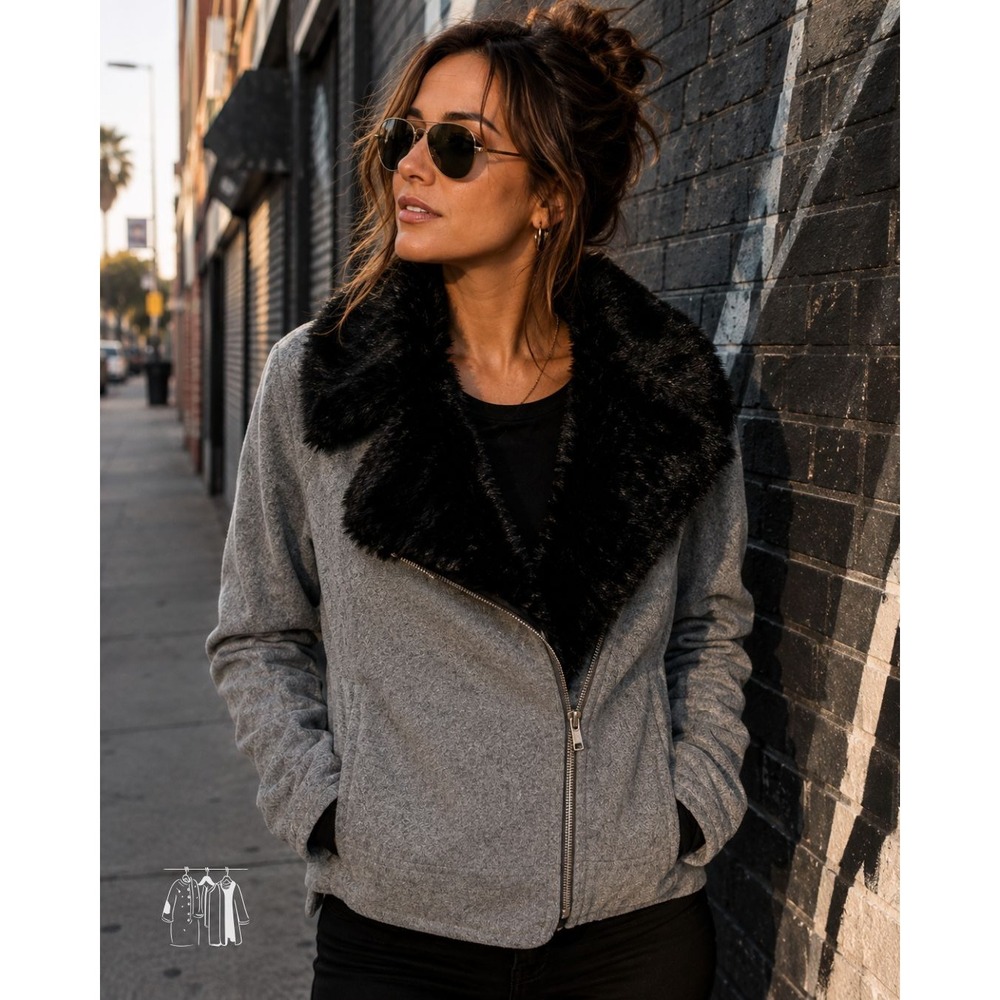 Moto Jacket Womens XL Gray Wool Blend Faux Fur Collar Asymmetrical